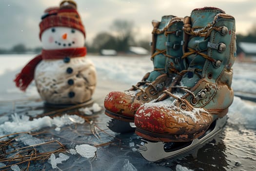 A delightful scene showcases vintage skates and a cheerful snowman situated beside a frozen winter lake