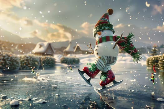 A cheerful snowman happily enjoying ice skating on a beautiful snowy landscape, ideal for festive holiday themes