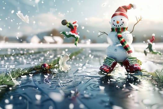 A cheerful and playful snowman ice skating joyfully amidst delightful falling snowflakes in a colorful winter scene