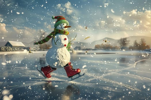 A cheerful snowman glides across the ice in a picturesque snowy landscape full of festive cheer and joy