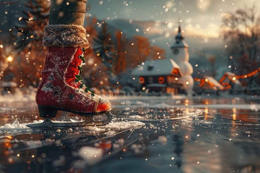 A red ice skate glides on a frozen pond in a snowy village, capturing the enchanting magic of winter