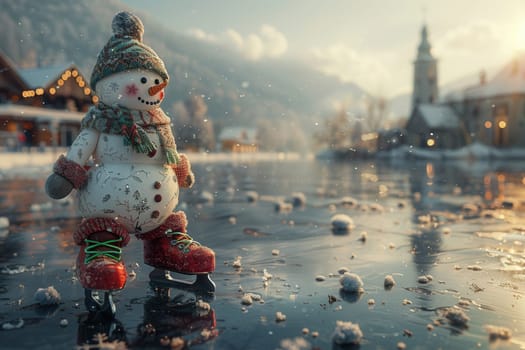A whimsical and cheerful snowman figure is joyfully skating on a frozen lake amidst a beautiful winter landscape
