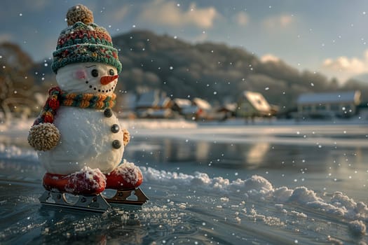 A delightful snowman gracefully skating on ice amidst a beautiful snowy landscape, radiating pure winter joy
