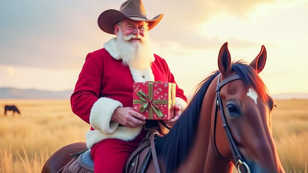 Santa Claus in a cowboy hat with a Christmas present sitting on a horse. AI generated.