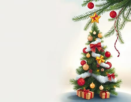 The image presents a festive scene centered around a Christmas tree. The tree is adorned with red and gold ornaments, a star, and a red ribbon, creating a warm and inviting atmosphere. The tree is positioned on the right side of the image, with its branches extending towards the left. On the left side of the image, there are two gift boxes, one red and one brown, adding a touch of holiday cheer. The background of the image is a light blue color, providing a contrast to the vibrant colors of the tree and the gifts.