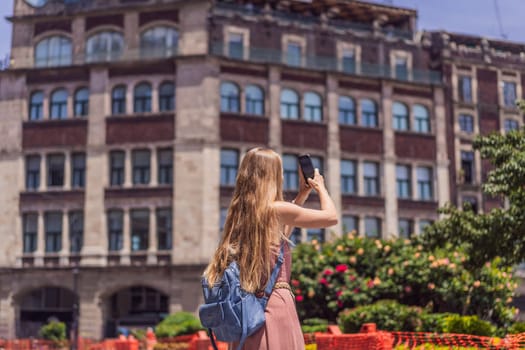 Female tourist in the central square of Mexico City, Zocalo. Cultural exploration, travel, and historic architecture concept.