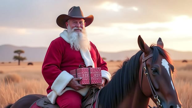 Santa Claus in a cowboy hat with a Christmas present sitting on a horse. AI generated.
