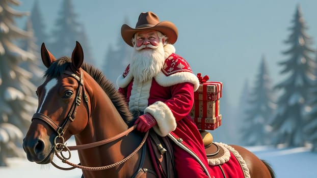 Santa Claus in a cowboy hat with a Christmas present sitting on a horse. AI generated.