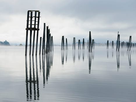 Tall wood pilings casting their reflections stand in the calm Pend Oreille River under a cloudy sky in eastern Washington.