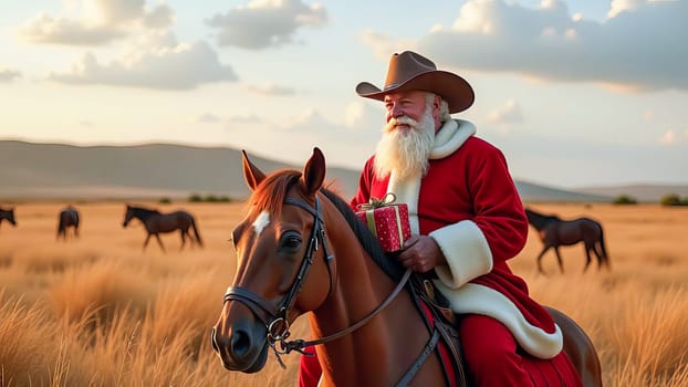Santa Claus in a cowboy hat with a Christmas present sitting on a horse. AI generated.