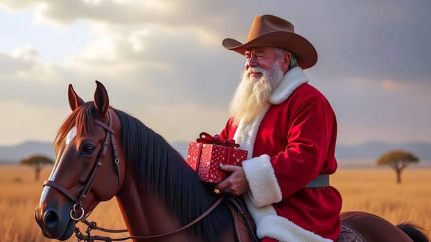 Santa Claus in a cowboy hat with a Christmas present sitting on a horse. AI generated.