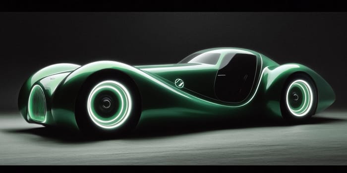 Green sports car speeds through a dark studio with billowing smoke, exuding power and elegance