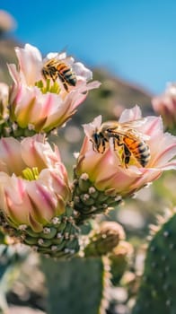 Honeybees pollinate delicate pink cactus flowers against a clear blue sky, illustrating nature's adaptability and the importance of pollinators in harsh environments.