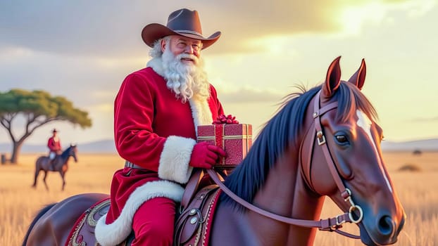 Santa Claus in a cowboy hat with a Christmas present sitting on a horse. AI generated.