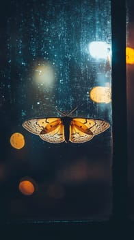 A yellow and brown patterned butterfly resting on a rain speckled window at night, with blurred city lights creating a dreamy urban backdrop.