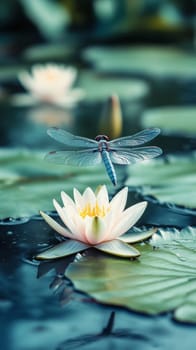Graceful blue dragonfly resting on a blooming white water lily, surrounded by lily pads in a tranquil pond setting.