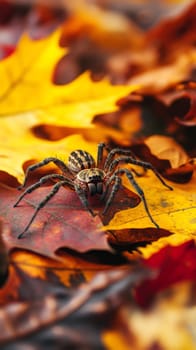 A wolf spider perched on a vibrant golden maple leaf amidst a backdrop of colorful fall foliage.