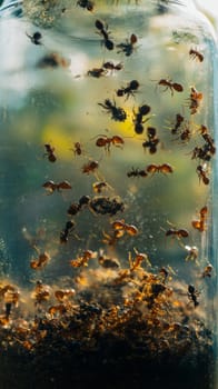 Fascinating view of ants in a glass terrarium, showcasing their bustling activity and complex social structure in a contained environment.