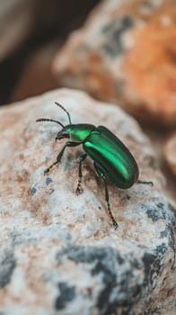 Macro shot of a metallic green beetle perched on a textured rock, showcasing its brilliant iridescent exoskeleton and intricate anatomical details.