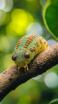Macro shot of a vibrant green caterpillar with orange markings crawling on a brown tree branch, showcasing its intricate patterns and textures against a blurred green background.