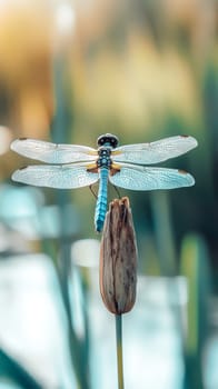 A blue dragonfly with transparent wings perched on a dried plant stem, showcasing its intricate details against a soft, blurred natural background.