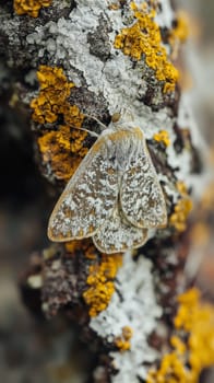 A well camouflaged moth resting on tree bark covered with yellow and gray lichen, demonstrating nature's incredible adaptation and mimicry.