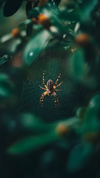 A striking orange and black orb weaver spider sits at the center of its delicate web, showcasing nature's artistry against a blurred green background.