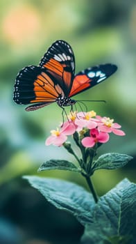 A butterfly delicately feeds on pink flowers, illustrating a serene moment in the natural world.