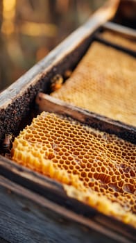 A close up view of a fresh honeycomb in a wooden beehive frame, showcasing the intricate hexagonal pattern filled with golden honey.
