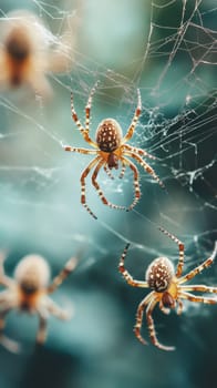 Multiple orb weaver spiders interacting on an intricate web against a soft teal background, showcasing the complexity of arachnid social behavior.