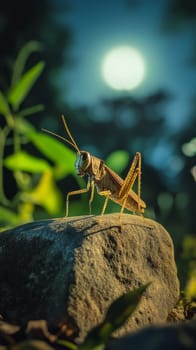 A golden grasshopper perched on a rock, silhouetted against a moonlit sky with blurred foliage, creating a magical nocturnal scene.