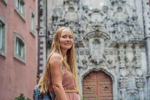 Female tourist in the central square of Mexico City, Zocalo. Cultural exploration, travel, and historic architecture concept.