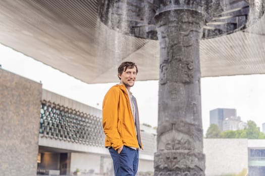 Male tourist exploring the National Museum of Anthropology in Mexico City. Cultural heritage and historical exploration concept.