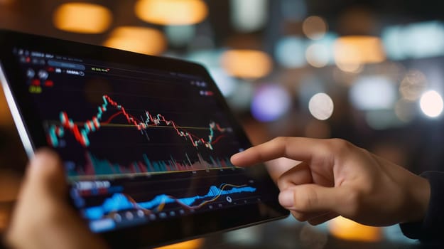 A person focuses on stock market data displayed on a tablet, tracking financial trends and analyzing charts in a contemporary workspace with dim lighting - Generative AI