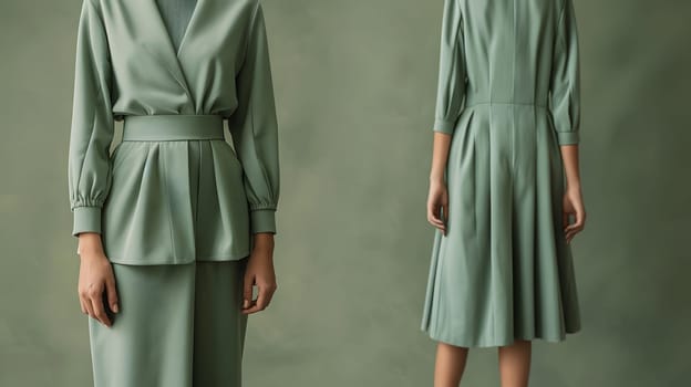Sophisticated sage green dress featuring peplum detail and belted waist.