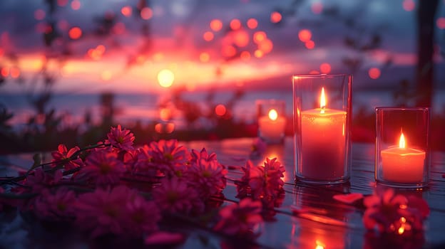 Magenta wax candles and delicate flower petals adorn a table against the backdrop of a stunning sunset, where the flame dances in the gasfilled air, creating a picturesque landscape