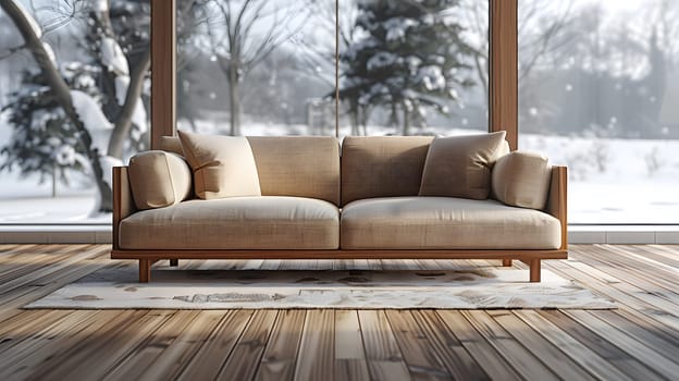 A couch made of hardwood sits elegantly in front of a large window, offering a view of the tree outside. The interior design of the living room features wooden flooring to complement the furniture