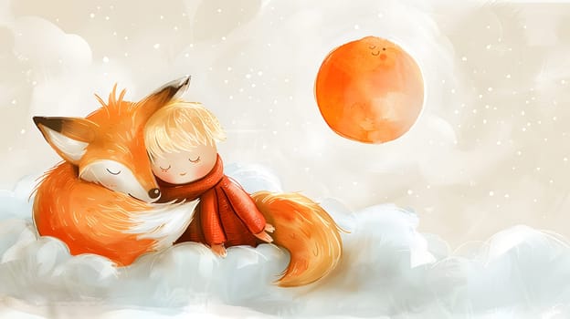 a young child peacefully sleeps on an orange cloud alongside a fox. The scene resembles a beautiful painting in the style of watercolor art