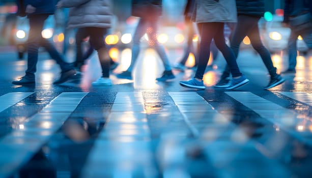 A crowd of people is crossing a crosswalk at night, illuminated by the electric blue light. They are on their way to an indoor games and sports event for leisure and entertainment