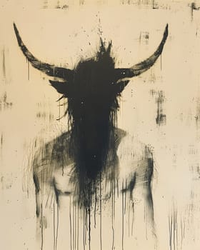 A visually striking illustration of a man with hornlike structures on his head, created using wood graphics and intricate drawing techniques