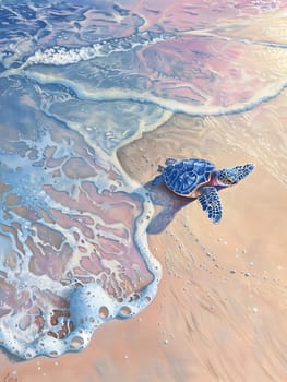 A small turtle slowly moves towards the sparkling sea waves along the sandy beach