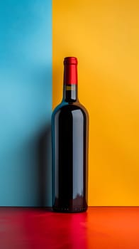A glass wine bottle with a bottle stopper is placed on a table against a backdrop of yellow and blue shades. The alcoholic beverage inside is waiting to be enjoyed