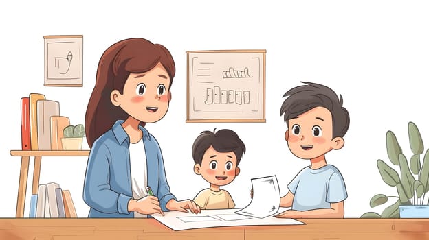 A mother and her children are bonding and having fun creating art in their cozy home