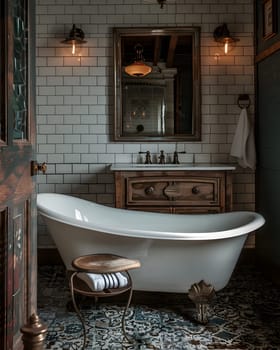 A bathroom with a bathtub, sink, and mirror featuring plumbing fixtures, taps, and wood flooring. The interior design includes modern fixtures and a sleek font