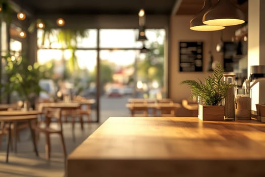 wooden table surface in foreground with blurred warm, inviting restaurant or cafe interior background. Soft glowing lights create cozy ambiance..