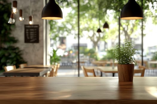wooden table surface in foreground with blurred warm, inviting restaurant or cafe interior background. Soft glowing lights create cozy ambiance..
