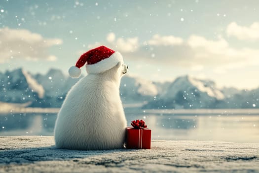 A polar bear wearing a Santa hat and carrying a red box on snow mountain background..