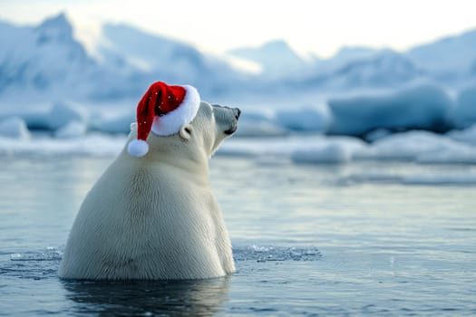 a polar bear with Christmas hat on a cold arctic water with snowy mountains..