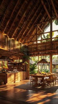 Rustic tropical dining room, wooden finishes, sunny and open space, cozy feel.