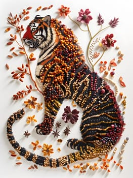 Vibrant tiger illustration crafted with beads, seeds, floral elements on white